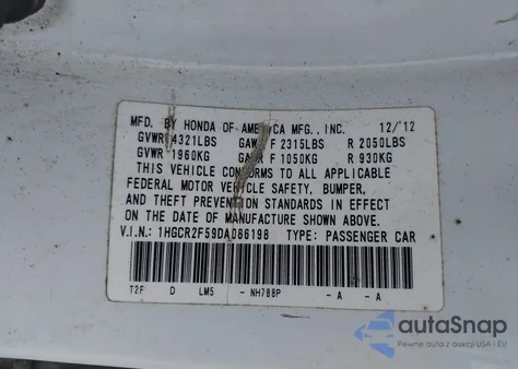 2013 Honda Accord Sport z USA, uszkodzony, nr VIN 1HGCR2F59DA086198